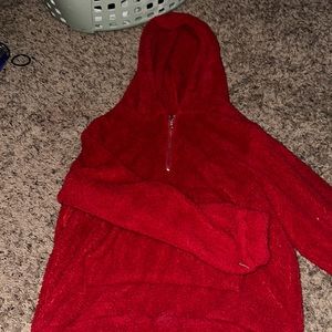 Red sherpa hooded quarter zip with hood